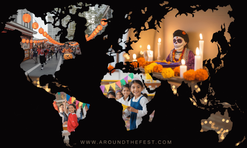 Visual comparison of global Halloween celebrations in Japan, Mexico, and India 