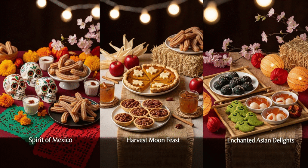 "Realistic Halloween dessert table featuring Korean Hobak Jeonggwa, German Totenkopf Marzipan skulls, and South African pumpkin koeksisters, styled for Halloween desserts 2025 with elegant global inspiration."