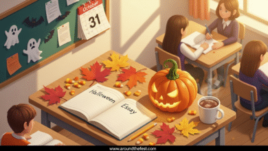 Student writing Halloween Essay in English with pumpkin and autumn-themed study setup