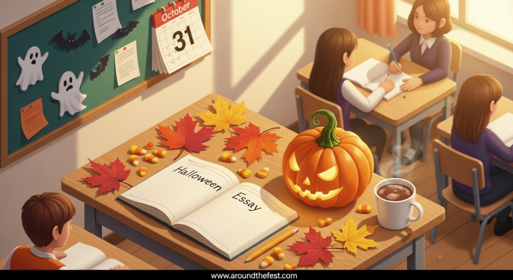 Student writing Halloween Essay in English with pumpkin and autumn-themed study setup