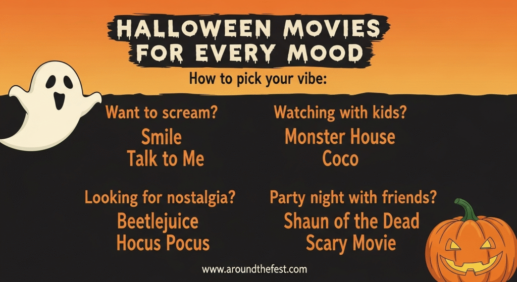 "Halloween 2025 movie guide infographic with picks for every mood: scary, nostalgic, kid-friendly, and party favorites like Smile, Beetlejuice, Coco, and Scary Movie."