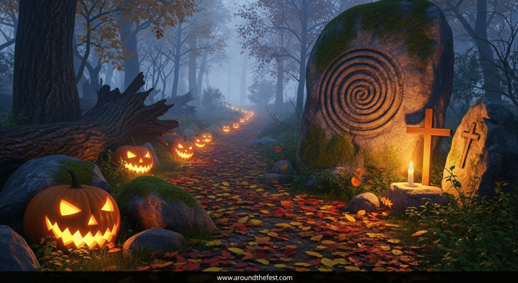 Twilight forest path lit by jack-o’-lanterns and lanterns, blending ancient symbols and spiritual stillness to reflect Halloween’s dark, sacred, and celebratory meaning.