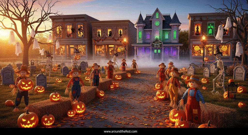 Community Halloween scene with pumpkin patches, haunted house pop-ups, and skeleton decor—illustrating how Halloween blends dark symbolism with celebration, identity, and local economic impact.