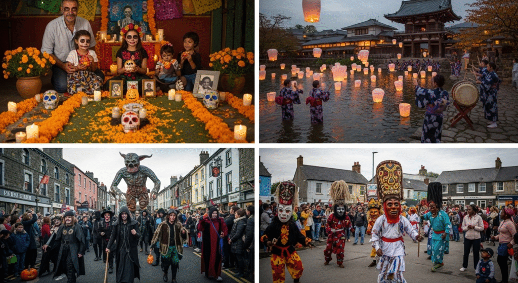 Collage of global cultural festivals: Top left shows a Mexican family celebrating Día de los Muertos with a decorated altar; top right features a Japanese lantern-floating ceremony by a temple with drummers; bottom left captures a spooky street parade in Ireland with gothic costumes and giant puppets; bottom right shows traditional masked dancers performing in a festive Latin American town square.
