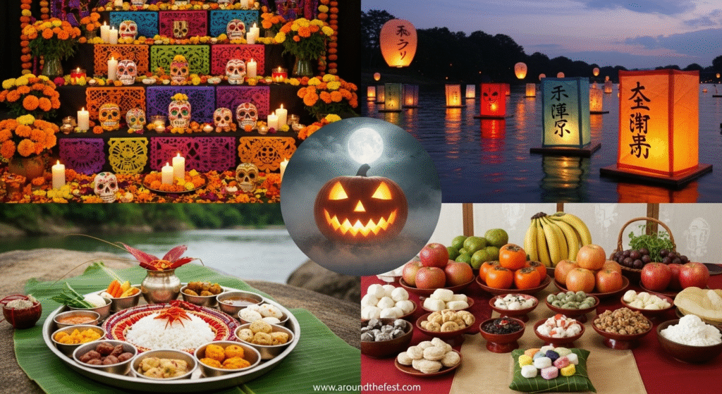 Visual collage of Halloween and global death festivals—Día de los Muertos, Obon, Pitru Paksha, and Chuseok—highlighting cultural contrasts in how people honor the dead, from sacred reflection to playful fear. 