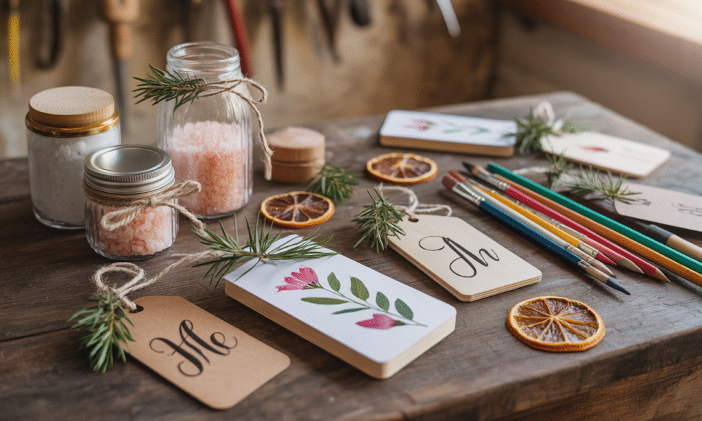 "Handmade Christmas gifts including DIY bath salt jars with lavender and citrus, pressed flower bookmarks, framed botanical prints, and painted keepsake ornaments with dates and initials, surrounded by watercolor palettes and dried orange slices—featuring personal, creative, and affordable holiday gift inspiration."