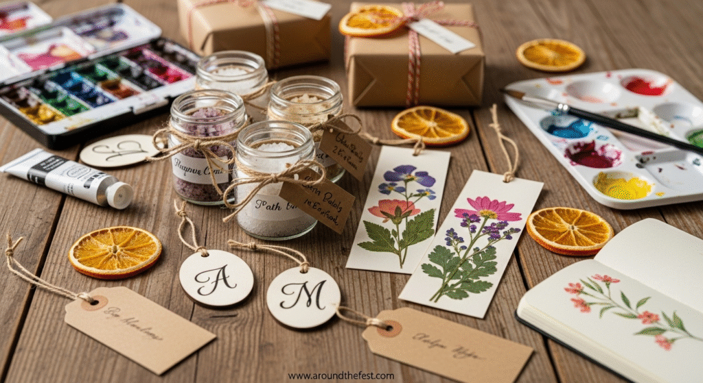 "Handmade Christmas gifts including DIY bath salt jars with lavender and citrus, pressed flower bookmarks, framed botanical prints, and painted keepsake ornaments with dates and initials, surrounded by watercolor palettes and dried orange slices— featuring personal, creative, and affordable holiday gift inspiration."
