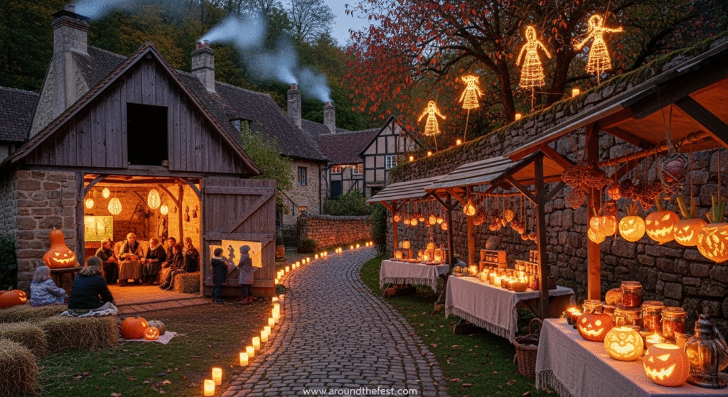 "Rustic Halloween 2025 village scene with lantern-lit stalls, turnip carvings, and small community folklore events in a peaceful countryside setting"