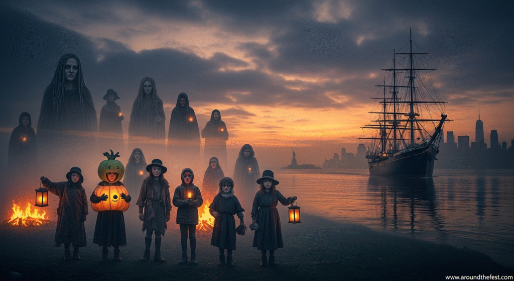 Irish immigrant ship with fading echoes of Celtic bonfires and guising, showing how Samhain-based customs and dark folklore traveled to America and shaped modern Halloween.