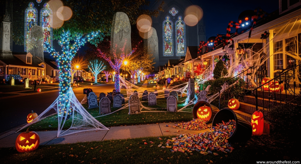 Front lawns with Halloween inflatables, candy buckets, and jack-o’-lanterns, symbolizing how Halloween’s dark and spiritual roots were transformed into American entertainment.