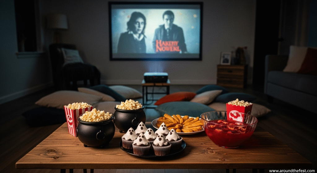 "Halloween 2025 movie night setup with ghost cupcakes, spooky snacks, and popcorn while streaming Haunted Mansion on projector screen." 