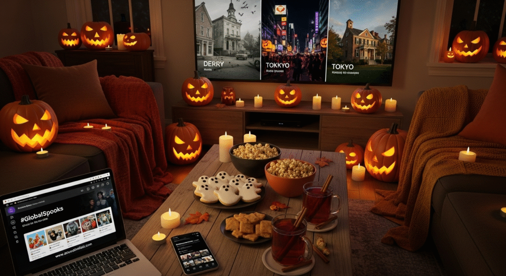 Halloween 2025 virtual watch party setup with livestream on big screen, festive snacks, cozy lighting, and social feeds using global event hashtags"