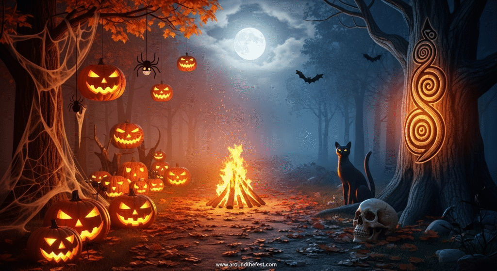 A mystical Halloween scene blending lighthearted symbols and ancient spiritual icons, reflecting how Halloween is dark, fun, and often misunderstood—rooted in respect for death, not evil. 