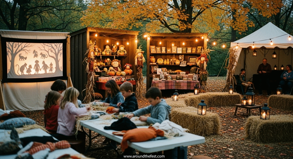 "Handmade Halloween fair in Kutztown with scarecrow workshops, shadow-puppet theater, and ghost storytelling under autumn lantern lights"