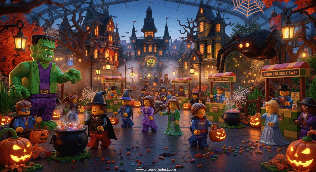 "Ultra-realistic digital illustration of LEGOLAND Halloween 2025 events worldwide featuring spooky LEGO builds, candy-for-brick stations, glowing lanterns, and festive fall decor—ideal for children aged 4–12 in a family-friendly theme park setting."