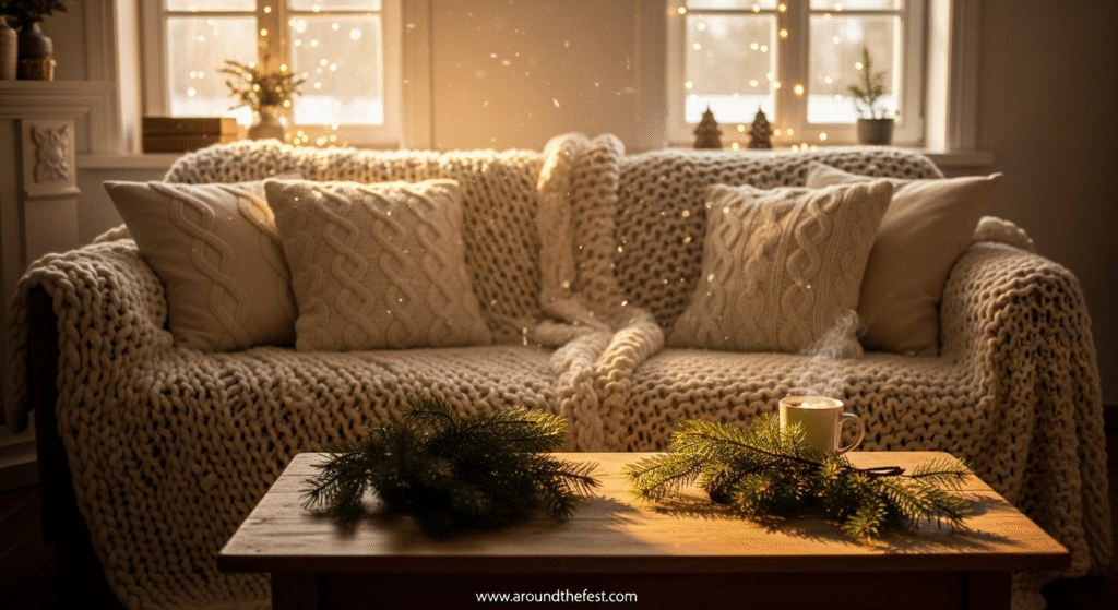 “Minimalist Christmas tree alternative with string lights arranged in a triangle shape on a bare wall, creating a glowing silhouette—unique Christmas ideas for 2025 with modern, space-saving, elegant holiday decor."