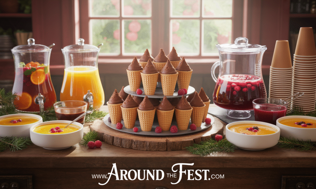 "Low-waste Christmas food and drink table featuring ceramic bowls filled with seasonal soup, large drink dispensers with reusable cups, and desserts served in edible waffle cones—with eco-friendly, impressive holiday menu options that reduce waste."