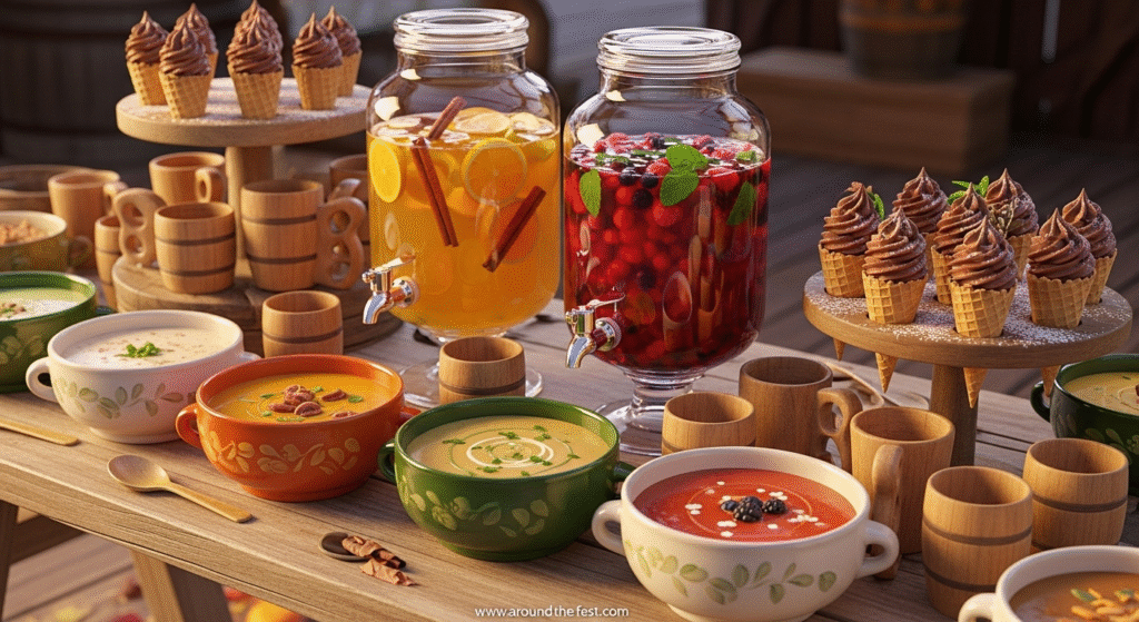 "Low-waste Christmas food and drink table featuring ceramic bowls filled with seasonal soup, large drink dispensers with reusable cups, and desserts served in edible waffle cones—with eco-friendly, impressive holiday menu options that reduce waste."