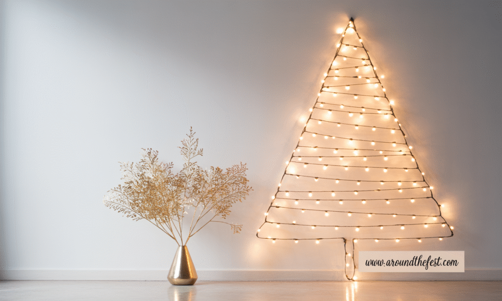 “Minimalist Christmas tree alternative with string lights arranged in a triangle shape on a bare wall, creating a glowing silhouette—unique Christmas ideas for 2025 with modern, space-saving, elegant holiday decor."