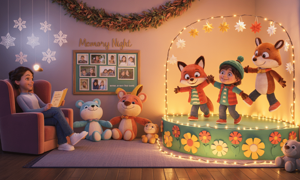 "Meaningful Christmas activity scene with a family enjoying storytime, plush woodland animal toys, festive fairy lights, handmade decorations, and a cozy stage for playful performances— celebrating connection, creativity, and togetherness without gifts." 