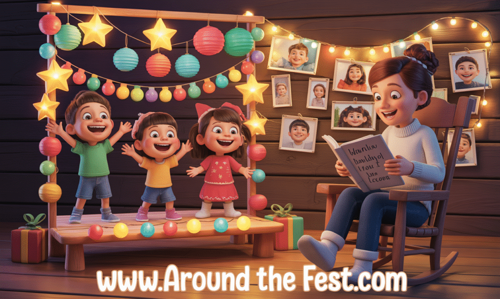 No-gift family holiday tradition with a cozy in-home talent show, children performing skits on a decorated stage, family holding memory photo night, handmade paper decorations, and warm fairy lights—featuring meaningful, connection-focused traditions that create lasting memories without gifts."