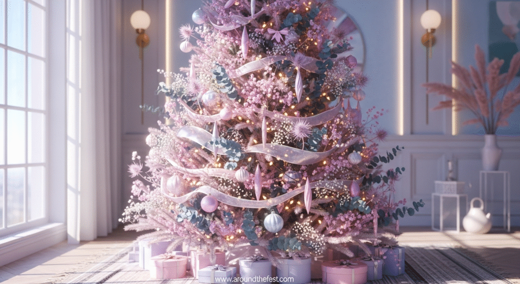 "Pastel Christmas tree decorated with pink, lavender, and mint ornaments, metallic ribbon, dried florals, and fairy lights—unique Christmas ideas for 2025 with modern minimalist holiday decor."