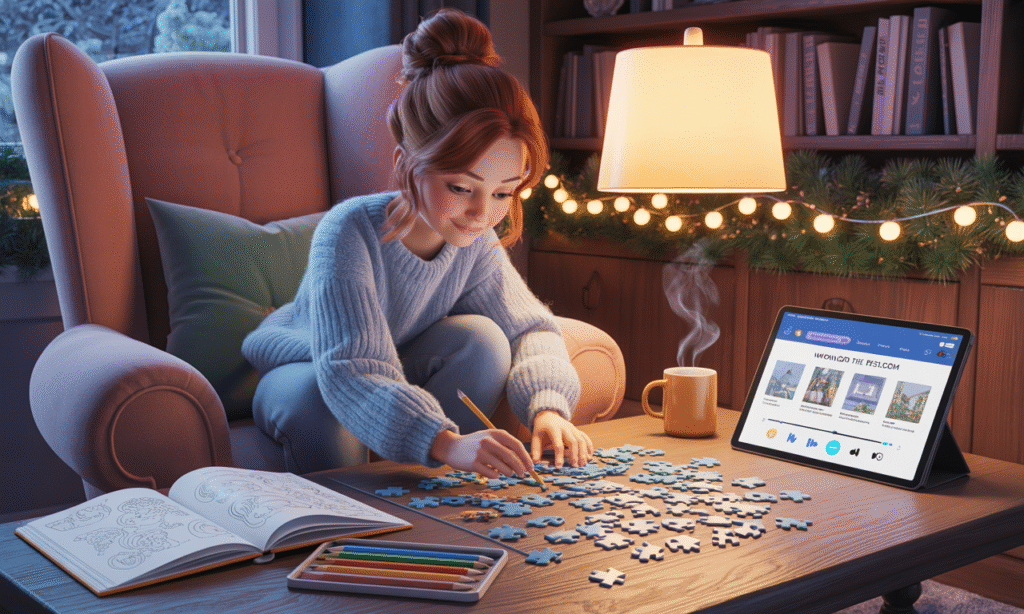Quiet Christmas activities for introverts in a softly lit room with a steaming mug of herbal tea, coloring books and pencils, a partially completed puzzle, and a tablet playing mellow music, surrounded by warm fairy lights and peaceful holiday decor— that create a calm, cozy, and sensory-friendly celebration for sensitive souls."