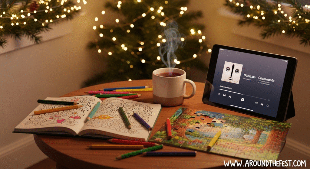 “Quiet Christmas activities for introverts in a softly lit room with a steaming mug of herbal tea, coloring books and pencils, a partially completed puzzle, and a tablet playing mellow music, surrounded by warm fairy lights and peaceful holiday decor— that create a calm, cozy, and sensory-friendly celebration for sensitive souls."