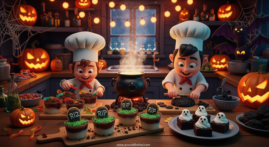 "Cartoon illustration of Halloween desserts 2025 being prepared in a spooky kitchen, featuring dirt cups with frozen gummy worms, activated charcoal cookies, ghost brownies, and bubbling cauldron decor — perfect visual for allergy-safe and creative Halloween food ideas."
