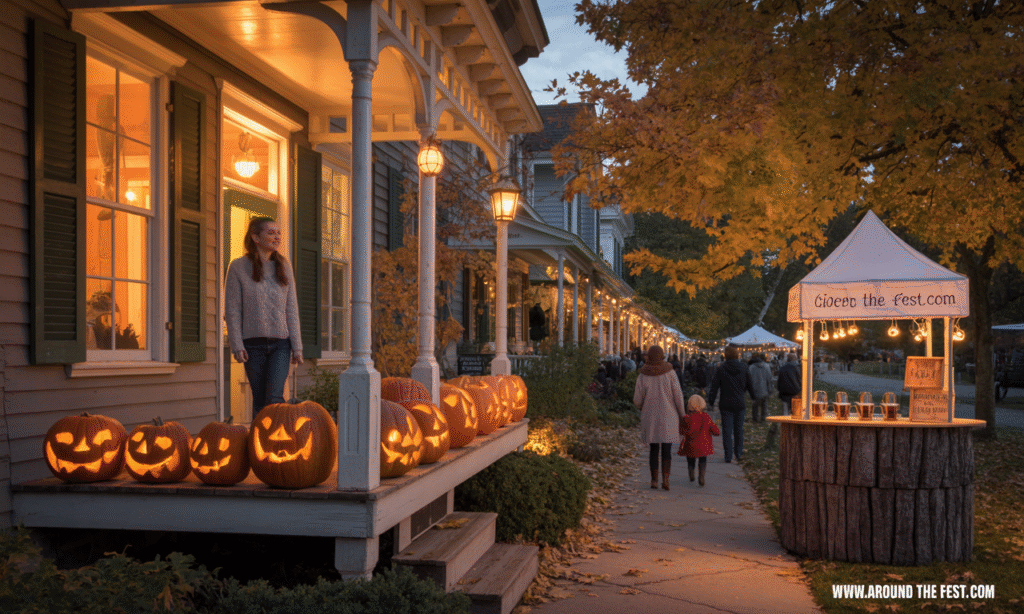 "Quiet Halloween scene in Rhinebeck, New York with glowing hand-carved pumpkins, local cider tastings, and eco-friendly family costume walk under autumn trees"
