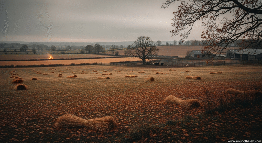 Bare harvest fields and flickering fires in late autumn, reflecting how Halloween’s origins were tied to natural cycles of death, loss, and spiritual reflection. 