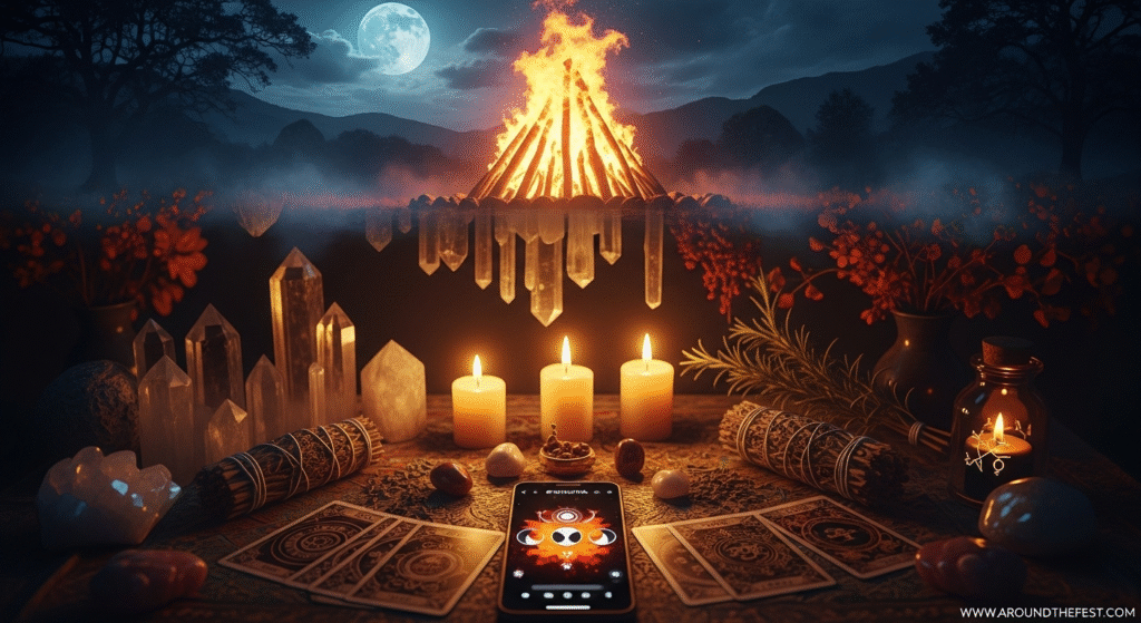 Peaceful forest altar with candles and symbolic offerings, illustrating how Samhain’s ancient death rituals offer spiritual healing and deeper meaning behind Halloween today. 