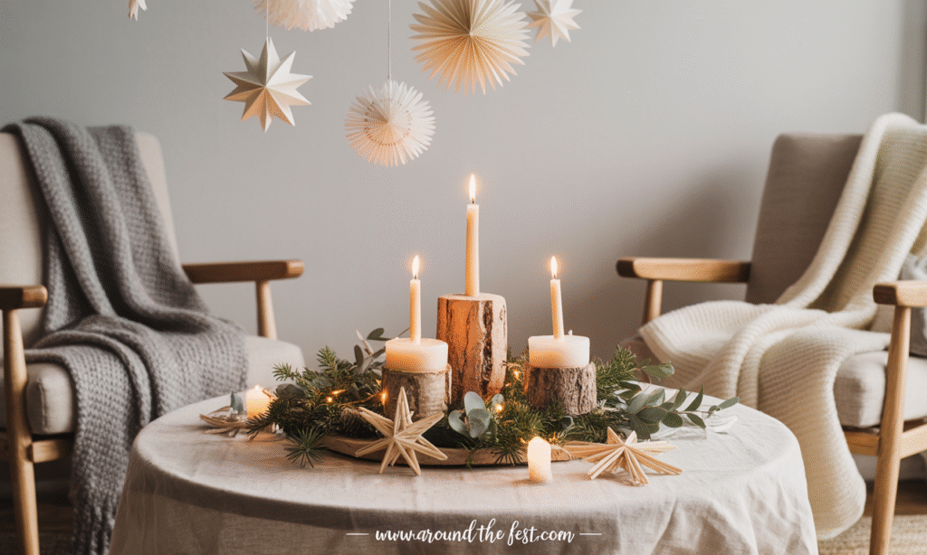  "Scandinavian Christmas decor scene with natural pine greenery, handmade straw star ornaments, white taper candles set in rustic wood holders, cozy wool throws on armchairs, and hanging paper stars—unique Christmas ideas for 2025 featuring minimalist, soulful, and nature-inspired holiday style.". 