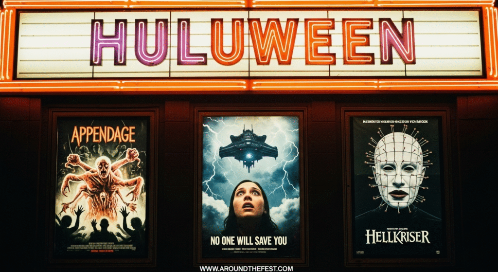 Huluween 2025 horror movie lineup marquee with posters for Appendage, No One Will Save You, and Hellkriser."