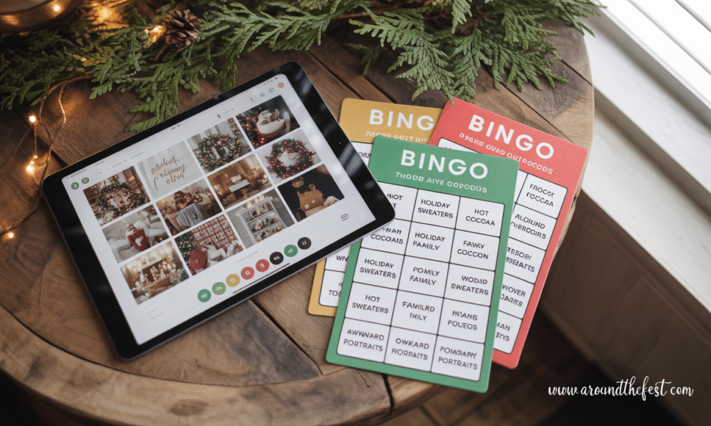 "Silent Photo Bingo game setup for Christmas 2025 with custom bingo cards listing cozy holiday scenes like a dog in a sweater, mug of hot cocoa, and awkward family photo, next to a tablet displaying festive images— featuring quiet, fun holiday games for introverts and groups."