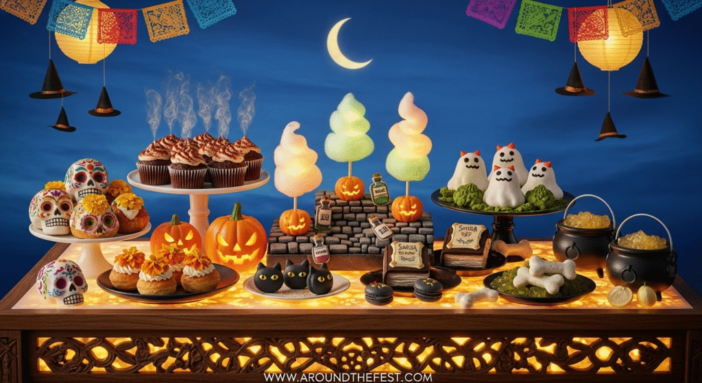 "Cultural Halloween dessert table with sugar skull pastries, glowing cotton candy, mochi ghosts, and themed treats from Mexico, Salem, and Japan under lantern light"