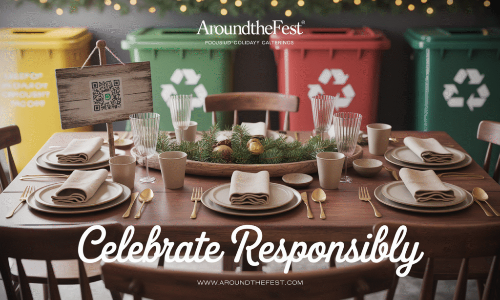Zero-waste Christmas party table set with compostable plates, napkins, and cups, surrounded by natural evergreen centerpiece and gold cutlery, clearly labeled recycling and compost bins in the background—featuring eco-friendly invitations, sustainable party tableware, and mindful holiday hosting that impresses guests while reducing waste." 