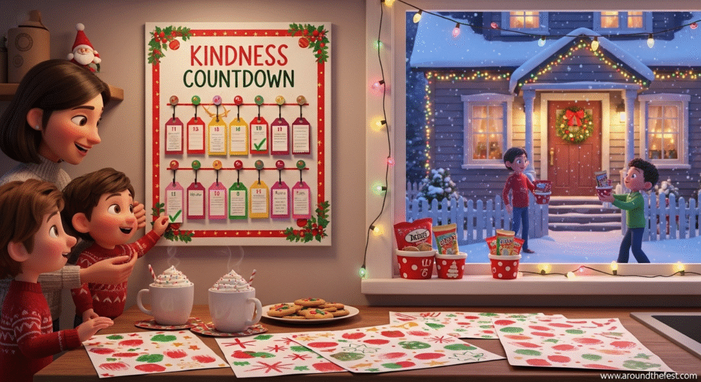 "Family hanging a ‘Kindness Countdown’ Christmas bucket list on a kitchen wall with hooks, enjoying warm cocoa and doing acts of kindness like creating handmade wrapping paper and delivering snack baskets—unique Christmas ideas for families in 2025 emphasizing gratitude, giving, and meaningful traditions."