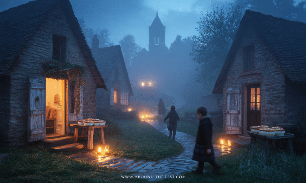 Medieval soul cakes, lantern-lit streets, and door-to-door prayer offerings, illustrating how Halloween’s trick-or-treat tradition evolved from spiritual rituals for the dead. 