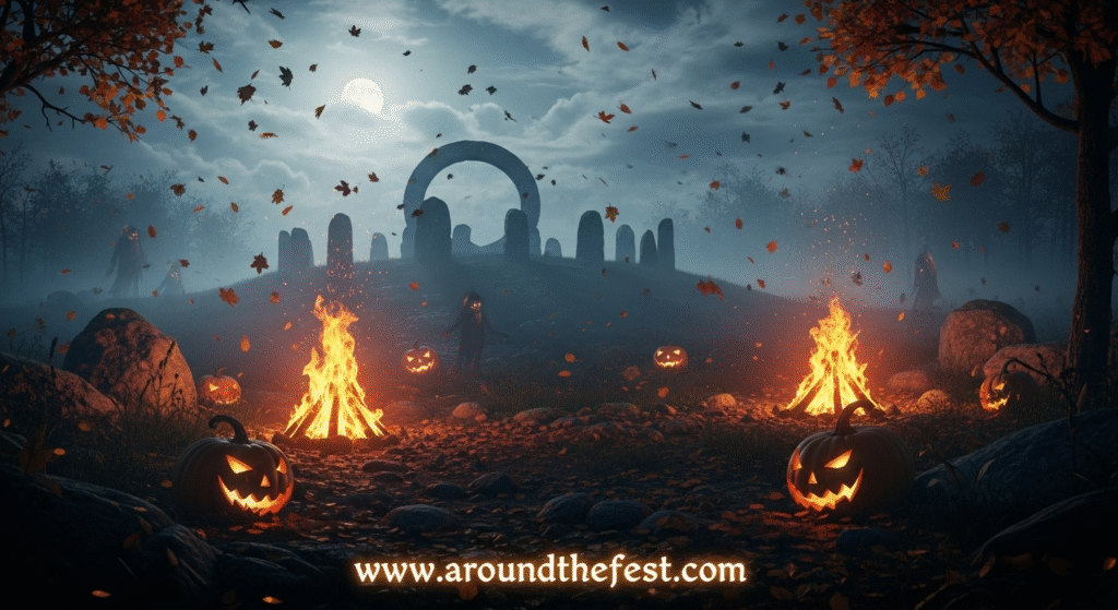 Mystical Celtic bonfire ceremony under a full moon, representing the ancient Samhain festival that gave Halloween its spiritual and death-centered foundations. 
