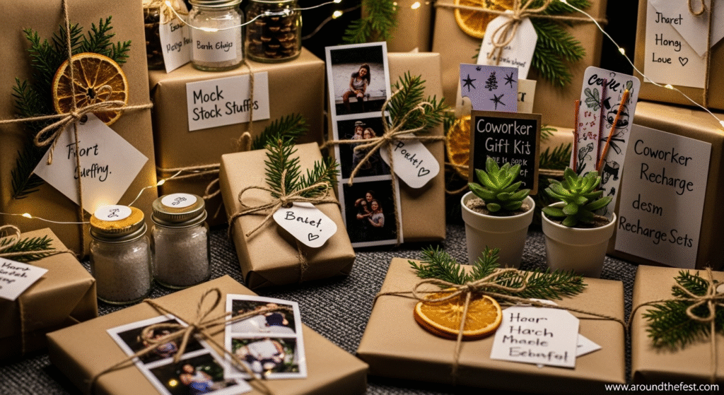 "Budget-friendly Christmas gifts for 2025 including eco-friendly wrapping, handmade coworker gift kits, small potted succulents, gratitude jars, homemade treats, and reusable decorations—featuring thoughtful, personal, and sustainable holiday gift inspiration."