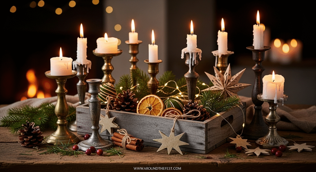 “Rustic Christmas decor centerpiece with thrifted candle holders, upcycled wooden crate filled with pinecones, evergreen branches, dried orange slices, star ornaments, and string lights—unique Christmas ideas for 2025 featuring sustainable, cozy, and budget-friendly holiday inspiration."