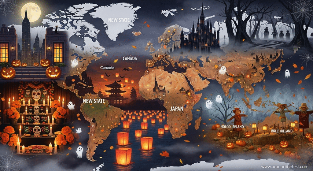 “Illustrated world map showcasing regional Halloween traditions—Dia de los Muertos altar in Latin America, glowing lanterns over water in Asia, haunted castles in Europe, and pumpkin-lit streets in North America. Includes ghostly overlays and autumn leaves for a festive, spooky atmosphere.” 