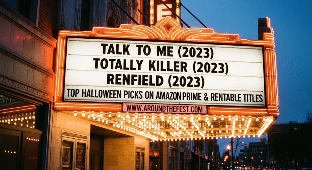 "Marquee featuring top Halloween 2025 picks on Amazon Prime: Talk to Me, Totally Killer, and Renfield, recommended rentable horror movies."