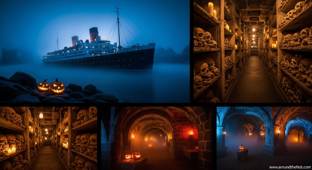 Top haunted attractions from Halloween 2025 events worldwide, featuring the Queen Mary, Paris Catacombs, and Edinburgh Vaults in an eerie autumn setting