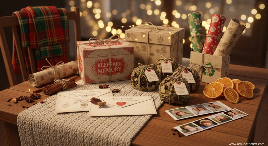 "Thoughtful Christmas gifts for 2025 displayed on a cozy table, featuring handmade gift boxes, personalized notes, gratitude letters, eco-friendly wrapping, photo strips, dried orange slices, and natural decorations— focused on meaningful, heartfelt, and budget-friendly gifting."