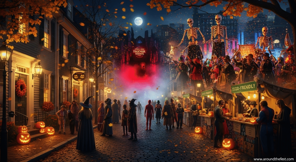 Festive Halloween street scene in Salem, featuring families in costume, eco-friendly vendor stalls, glowing jack-o'-lanterns, and giant skeleton puppets during a vibrant Halloween night parade. Autumn leaves, old town architecture, and a glowing red fog create a spooky yet joyful atmosphere.