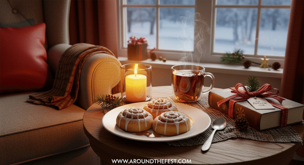 "Peaceful solo Christmas celebration for 2025 with a cozy armchair, chunky knit blanket, plate of homemade cinnamon rolls, lit candle, a favorite book, steaming mug labeled 'To Future Me,' and snowy window view with twinkling trees—for introverts and solo celebrators focusing on calm, self-care, and meaningful rituals."