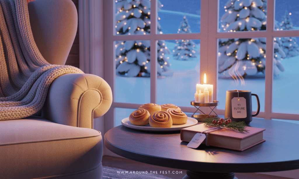 "Peaceful solo Christmas celebration for 2025 with a cozy armchair, chunky knit blanket, plate of homemade cinnamon rolls, lit candle, a favorite book, steaming mug labeled 'To Future Me,' and snowy window view with twinkling trees—for introverts and solo celebrators focusing on calm, self-care, and meaningful rituals."