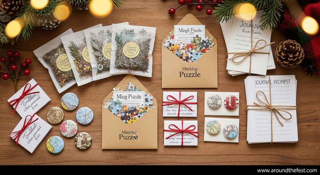 "Unique stocking stuffer ideas under $10 for Christmas 2025, including mini tea sampler bags, button magnets made from maps, pocket-sized journal prompt cards tied with twine, DIY photo puzzle kits in envelopes, and handwritten recipe cards—affordable, personal, and creative gift inspiration for stockings."